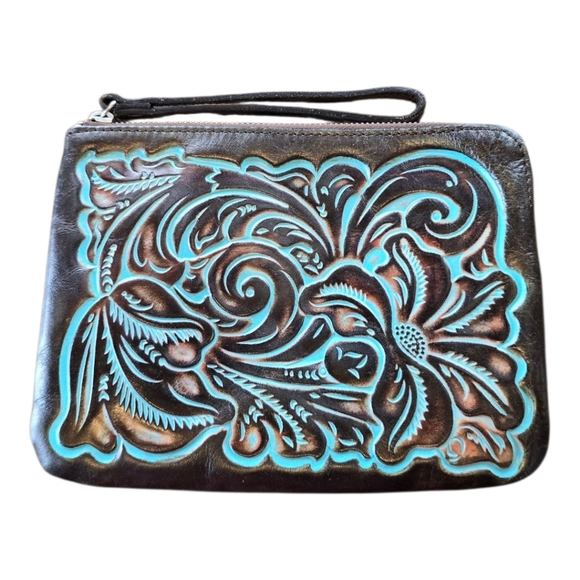 Patricia Nash Handbags - Patricia Nash Cassoni Brown Turquoise Tooled Leather Zip Wristlet Clutch